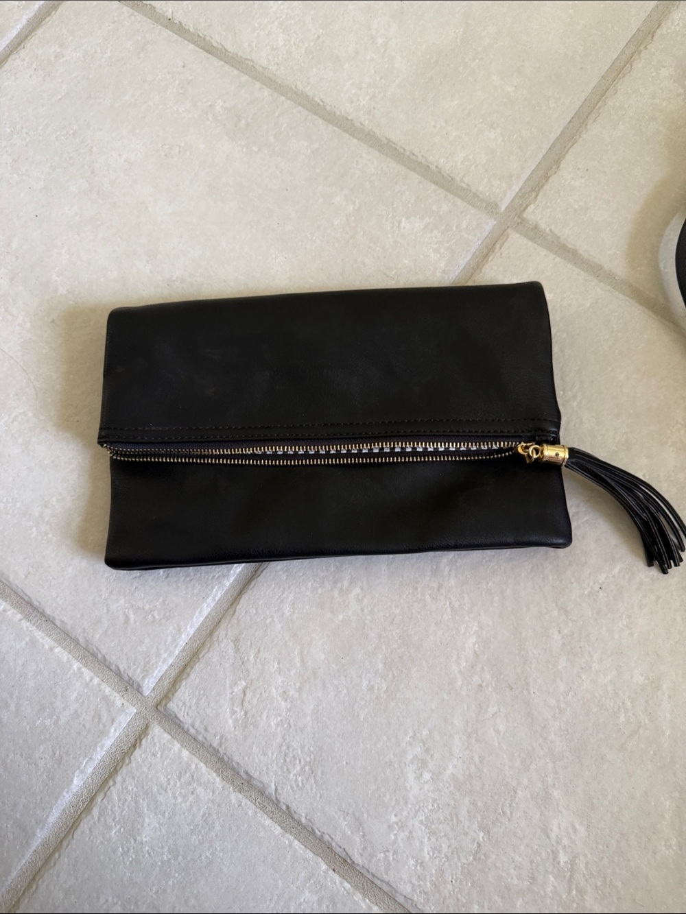 The Perfect Black Leather Clutch - Fold Over Tassel Zipper